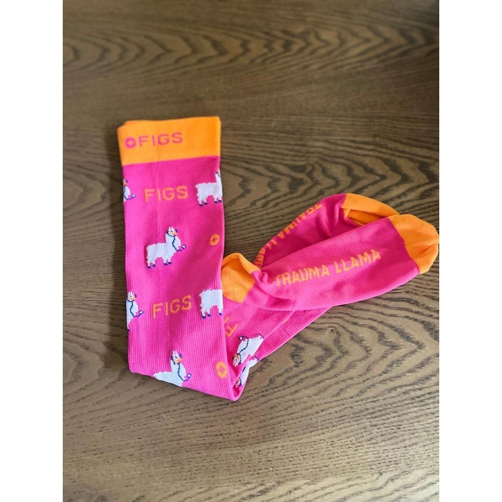 FIGS Compression Socks "Trauma Llama" Pink/Orange Large NWOT